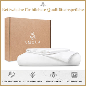 Amqua Mako Satin Bettwäsche Set 135x200cm + Kissenbezug 40x80cm, 100% ägyptische Baumwolle (Zertifiziert), weiß